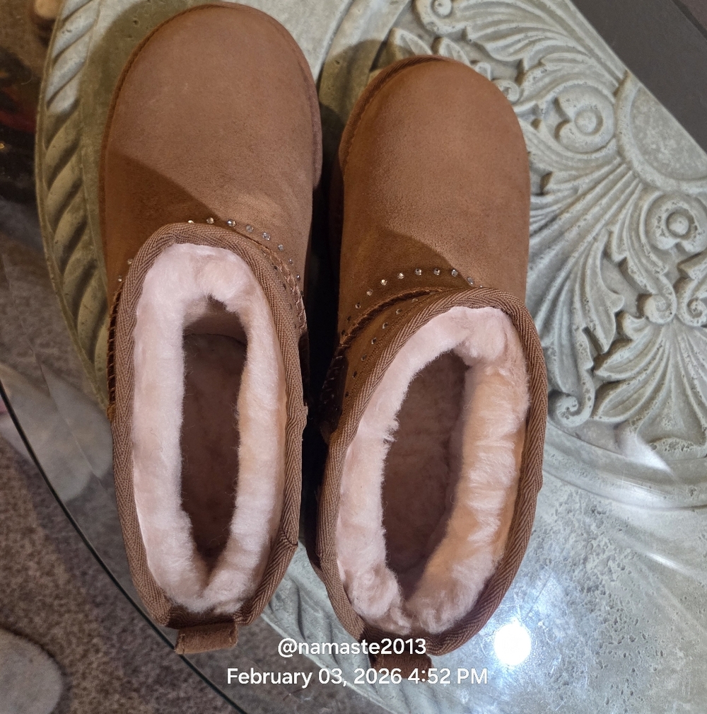 Ugg ULTRA MINI Bling Boots Suede Swarovski Suede Designer Fur Sheaeling #196 - Picture 11 of 16